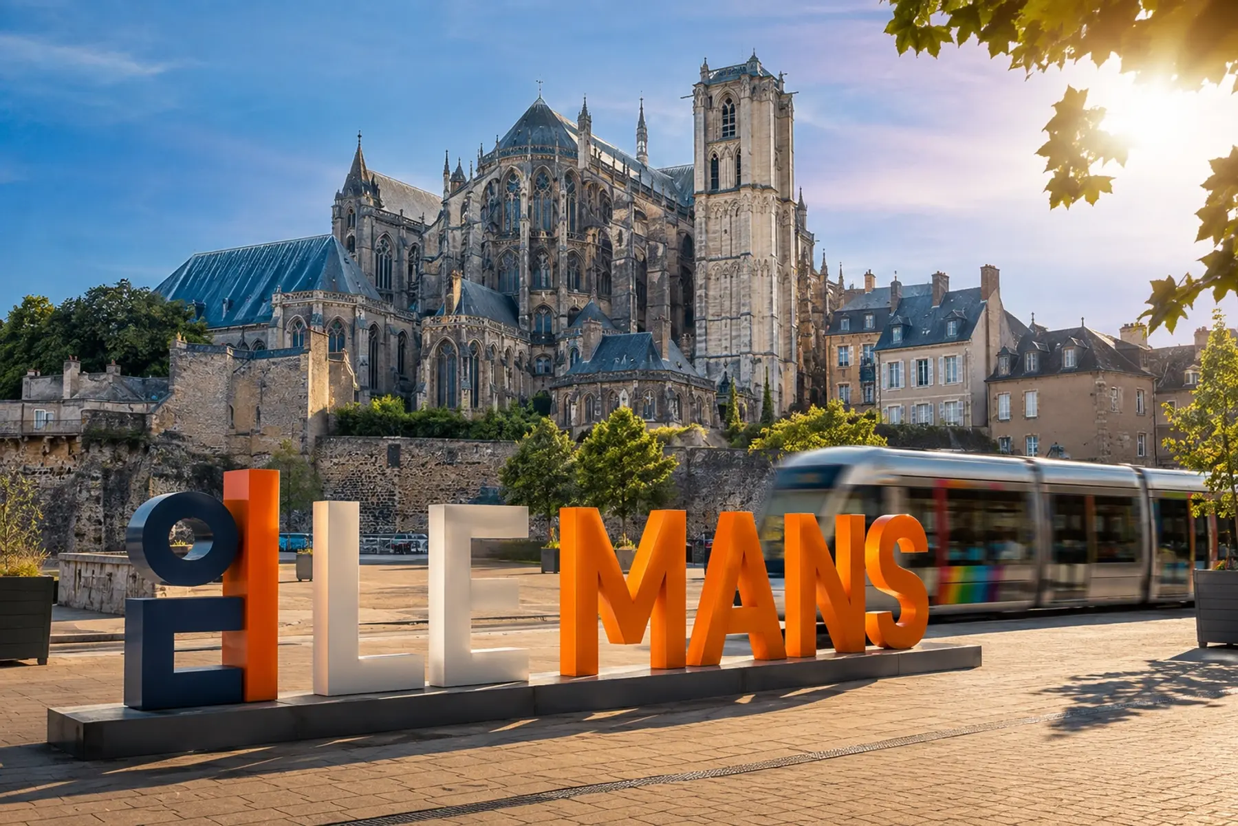 La cathédrale Saint-Julien et le tramway au Mans